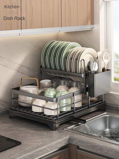 1pc Space-Saving Stainless Steel Dish Drying Rack With Utensil Holder, Kitchen Countertop Dish Drainer For Plates, Bowls, Knives, Forks And Spoons