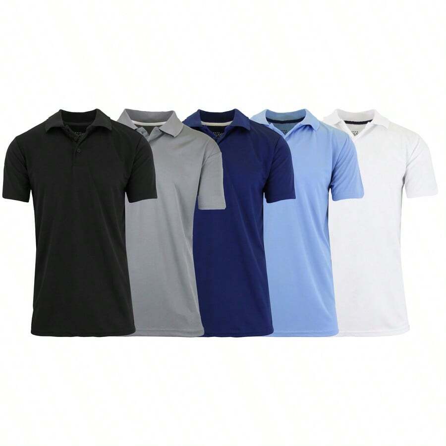 5-Pack Men's Short Sleeve Moisture Wicking Performance Polo Shirts - Black - Navy - Grey - Light Blue - White - View 1