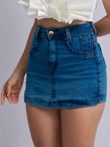 Women Denim Shorts - 中等水洗藍 - 查看 3