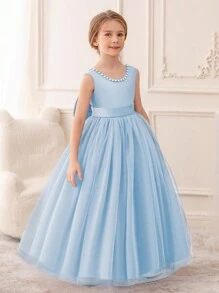 少女浅蓝色手工串珠 3D 蝴蝶结派对礼服，公主裙适合女孩礼服、生日派对、少女伴娘、花童、学校派对、舞会、节日庆典 - 淺藍色 - 查看 5
