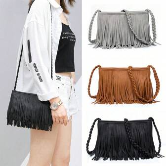 1PC Vintage Casual Tassel Crossbody Bags, Soft PU Handwoven Strap Women's Shoulder Bag For Daily Used, Ladies Handbags For Festival Gift