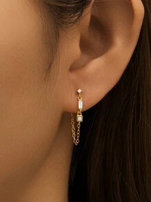 EleRunis 1Pair 925 Sterling Silver Simple Asymmetrical Studs 18K Gold Plated  Double Studs Chain Tassel Piercing Earring For Women Daily Wear Wedding Party Engagement Anniversary Valentine's Day