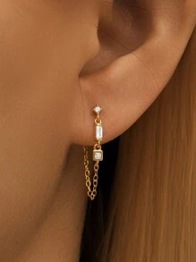 EleRunis 1Pair 925 Sterling Silver Simple Asymmetrical Studs 18K Gold Plated  Double Studs Chain Tassel Piercing Earring For Women Daily Wear Wedding Party Engagement Anniversary Valentine's Day