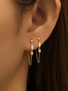EleRunis 1Pair 925 Sterling Silver Simple Asymmetrical Studs 18K Gold Plated  Double Studs Chain Tassel Piercing Earring For Women Daily Wear Wedding Party Engagement Anniversary Valentine's Day