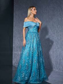 Asymmetrical Cross Ruched Satin With Embroidery And Lace A-Line Dress, Square Neck - Green - View 3