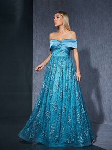 Asymmetrical Cross Ruched Satin With Embroidery And Lace A-Line Dress, Square Neck - Green - View 5