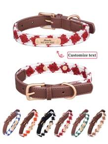 個性化編織格子拼接皮革狗項圈，可定制寵物信息並刻上個性化信息以防寵物丟失，適用於所有尺寸的狗 - 紅色 - 查看 1