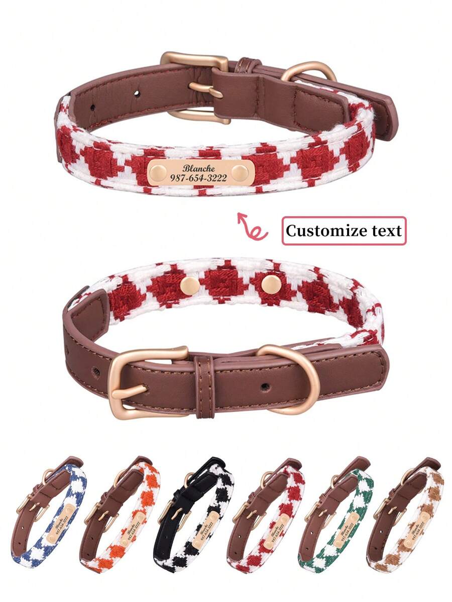 個性化編織格子拼接皮革狗項圈，可定制寵物信息並刻上個性化信息以防寵物丟失，適用於所有尺寸的狗 - 紅色 - 查看 1