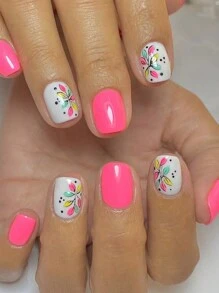 24Pcs Deluxe & Elegant Square Press-On False Nails With Multi-Color Floral, Leaf, And Grid Designs, For Daily Wear, With Jelly Glue And Nail File Included Nail Supplies Nails - Pink - View 1