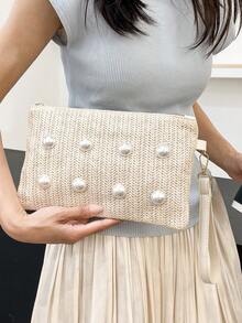 New Pearl Decor Storage Handbag For Women, Woven Straw Envelope Clutch - Beige - View 3