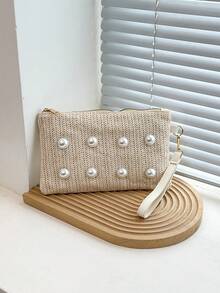 New Pearl Decor Storage Handbag For Women, Woven Straw Envelope Clutch - Beige - View 4