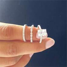Fashionable Women's Three-Piece Square Diamond Ring And Bracelets Set - Silver - View 1