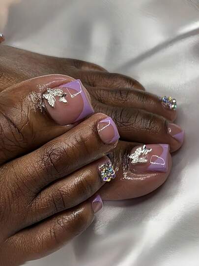 24 قطعة أظافر مربعة قصيرة على الطراز الفرنسي بتصميم بسيط وطازج مزينة بالزهور الصغيرة ثلاثية الأبعاد والفراشات المرصعة بالراين ملائمة للسفر واليومي والعطلات، أظافر أنيقة وجذابة للأصابع والأصابع الصغيرة + 1 قطعة جيلي جل + 1 قطعة ملف أظافر