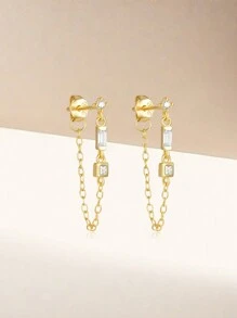 EleRunis 1Pair 925 Sterling Silver Simple Asymmetrical Studs 18K Gold Plated  Double Studs Chain Tassel Piercing Earring For Women Daily Wear Wedding Party Engagement Anniversary Valentine's Day