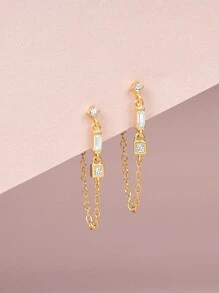 EleRunis 1Pair 925 Sterling Silver Simple Asymmetrical Studs 18K Gold Plated  Double Studs Chain Tassel Piercing Earring For Women Daily Wear Wedding Party Engagement Anniversary Valentine's Day