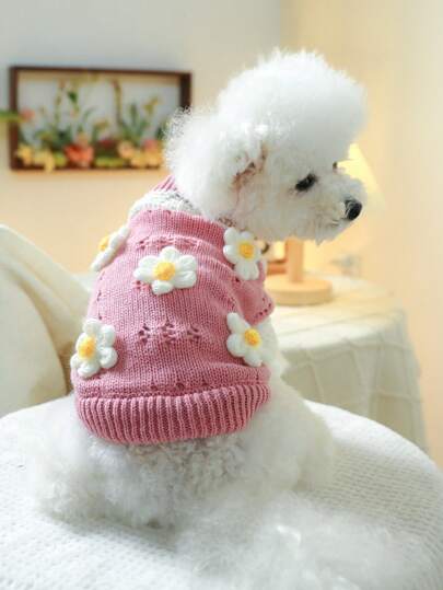 1 件适合小型/中型犬和猫的宠物毛衣，柔软舒适的花卉印花针织衫 - 粉色