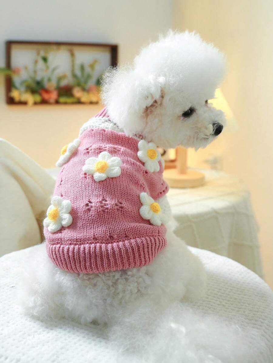 1 pieza Ropa para mascotas, suéter suave y cómodo para perros pequeños y medianos y cachorros (Chihuahua), con patrón floral - rosa - Rosa - Ver 1