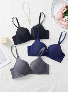 3PCS Comfortable Casual Wired Soft Cup Solid Bra, Lingerie