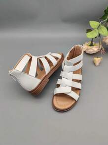 1 Pair Kids Coffee Color Classic Striped Woven Hollow PU Bow Design Flat Comfy Roman Sandals, Suitable For Summer Festivals - White - View 6