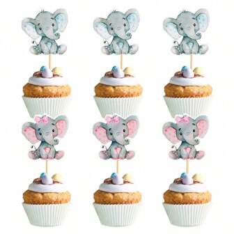 12pcs/Set Cute Elephant Cake Toppers, Cupcake Picks For Birthday Party Dessert Bar Decor