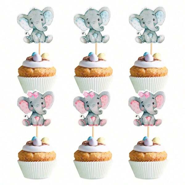 12pcs/Set Cute Elephant Cake Toppers, Cupcake Picks For Birthday Party Dessert Bar Decor