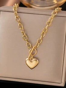 1pc Fashionable Summer Golden Stainless Steel OT Buckle Heart-Shaped Pendant Necklace, Suitable For Women, Versatile Jewelry Accessory Gift, USA, No Gift Box Included Valentines