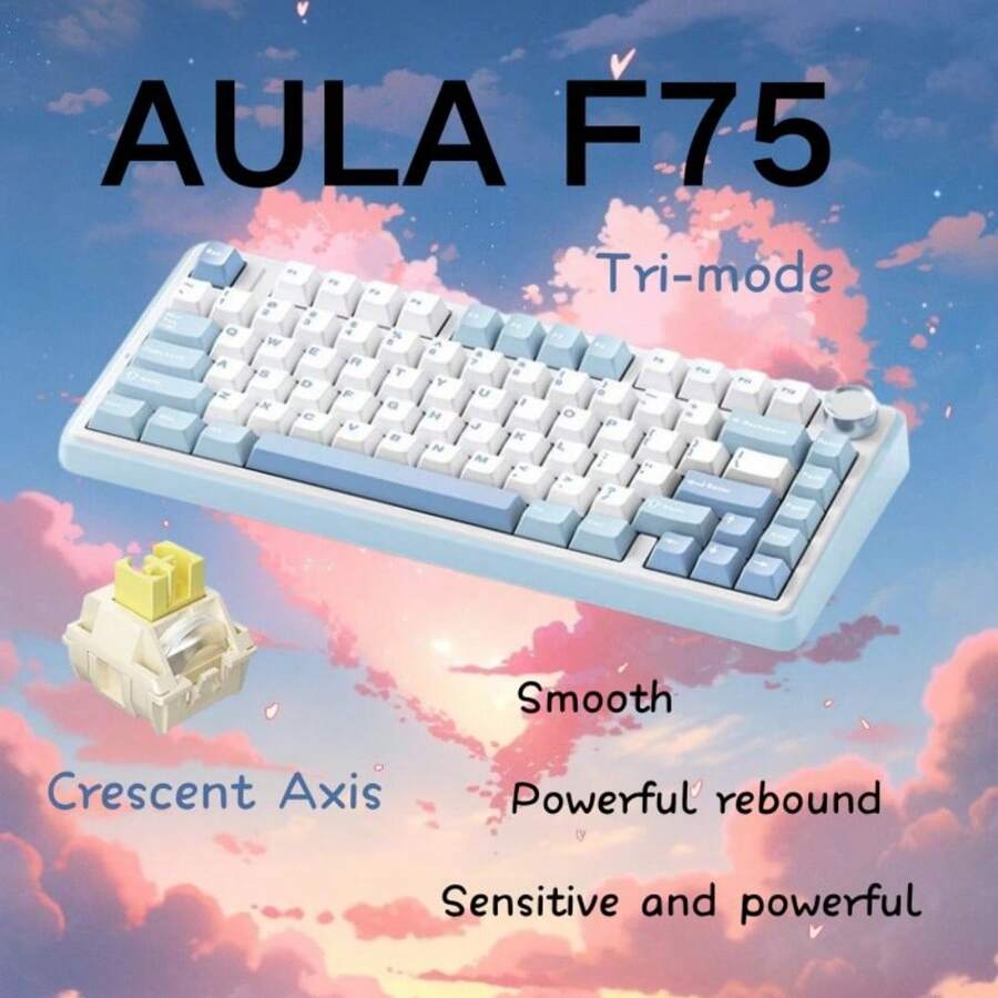 Aula F75 Tri-Mode Full Hot Swap Mechanical Keyboard Sea Salt Blue Crescent Axis Portable High Noise Reduction PC Accessory Gift Suitable For Win/ Gaming/Office Keyboard