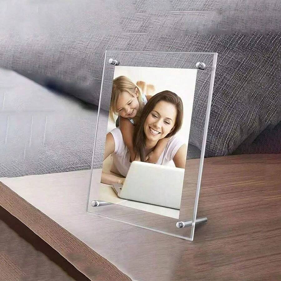 5/6/7 英寸亚克力相框立式展示架，双面透明相框，用于明信片、图片、办公桌装饰，带亚克力相框螺丝 - 無色 - 查看 1