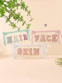 1个女士字母图案透明PVC化妆包，可收纳口红、化妆品及小配件，可重复使用且防水，适合旅行、宿舍、居家使用，也可作为房间装饰包使用。其他用途包括：化妆包、梳妆台、旅行、化妆包、旅行必备、收纳、储物、旅行必备、化妆品收纳包、化妆包、化妆品收纳包、收纳包、洗漱包、桌面收纳、化妆包收纳、旅行、化妆袋、化妆包、化妆袋、旅行必备、化妆配件、小化妆包、化妆袋、化妆品包、旅行必备、大容量、大号化妆包、圣诞礼物、化妆包、旅行、送给女性的旅行必备礼物、化妆包、手拿包/小手提包、化妆品收纳、化妆品整理、化妆刷收纳包。收纳包、迷你收纳袋、大容量收纳袋、女士礼物、圣诞礼物、女士礼物创意 - 彩色 - 查看 5