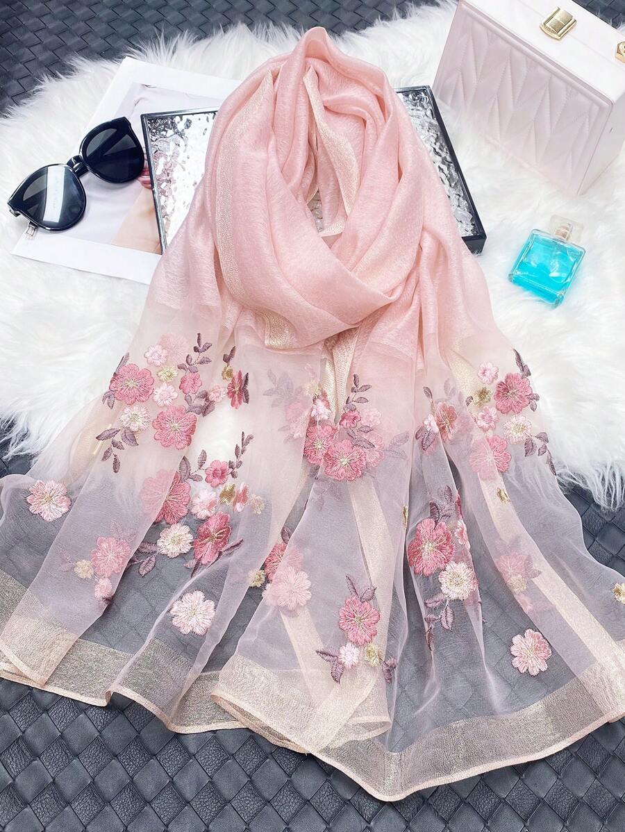 Boho 1pc Women's Embroidered Flower Pink Shawl With Gold Thread, Silk & Wool Blend Material, Elegant & Graceful Style, Suitable For Autumn/Winter Decorative Shawl, Summer Travel Sun Protection, Perfect Gift For Mother, Suitable For Party Use Accessories Women Valentine's Day Valentines - Pink - View 1