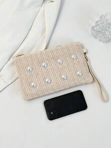 New Pearl Decor Storage Handbag For Women, Woven Straw Envelope Clutch - Beige - View 5