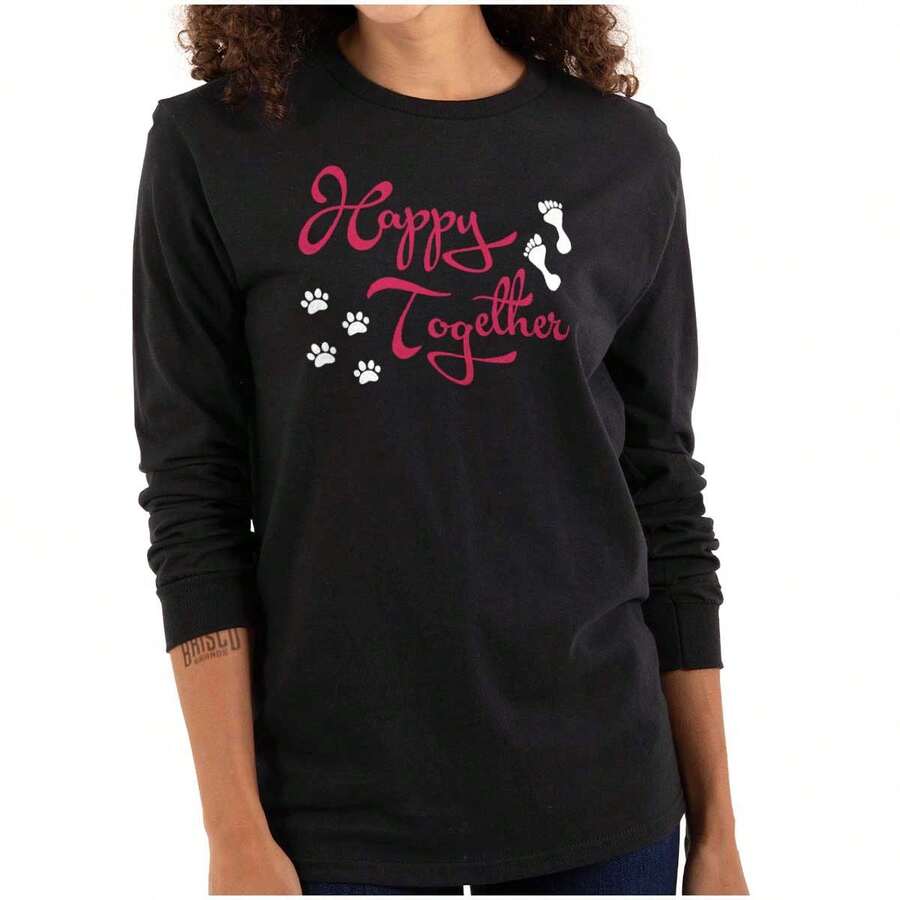 Pet Womens Long Sleeve Graphic Tee Shirt Cute Animal Lover Footprint Paw Print Happy Together Family Saying Ladies Casual Fashion Cotton Printed Crewneck Tshirt - màu đen - Xem 1