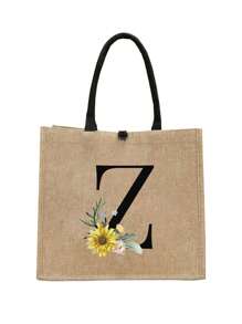 1个简约字母印花亚麻手提袋，沙滩包，送给女朋友的礼物，多功能便携手提包，教师节礼物，送给女性的礼物，教师节礼物，字母印花手提袋，化妆包，优雅旅行沙滩包 - 卡其色 - 查看 29