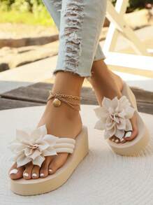 女士厚底人字拖，露趾夏季户外度假白色坡跟凉鞋，轻便纯色沙滩鞋 - 白色 - 查看 4