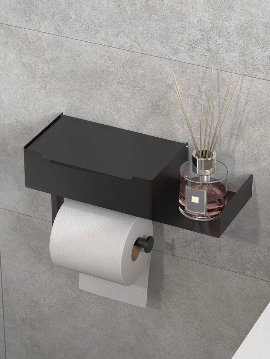 1pc Bathroom Toilet Paper Holder With Shelf, Mobile Phone Storage Rack, Wall-Mounted Tissue Dispenser, Modern Design, Suitable For Home Or Hotel Use, Bathroom Accessory