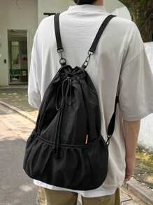 1个精致时尚双肩背包，双肩包，大容量，抽绳设计，可折叠，多口袋，尼龙面料，耐刮耐磨，适合购物、约会、夏季上学用品、学生书包、大学书包、旅行露营背包、可折叠背包、沙滩包、男士节日沙滩周末包