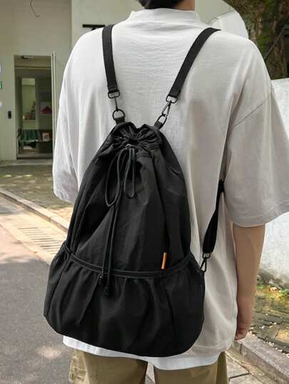 1个精致时尚双肩背包，双肩包，大容量，抽绳设计，可折叠，多口袋，尼龙面料，耐刮耐磨，适合购物、约会、夏季上学用品、学生书包、大学书包、旅行露营背包、可折叠背包、沙滩包、男士节日沙滩周末包