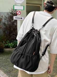 1个精致时尚双肩背包，双肩包，大容量，抽绳设计，可折叠，多口袋，尼龙面料，耐刮耐磨，适合购物、约会、夏季上学用品、学生书包、大学书包、旅行露营背包、可折叠背包、沙滩包、男士节日沙滩周末包