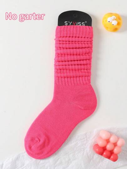 1pair Women's Japanese And Korean Style Spring/Summer Versatile Pile Socks, College/Lolita/Simple/Sporty, Solid Color Knee-High Socks (Excluding Sock Board)