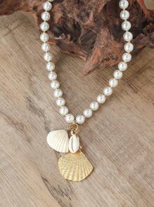 1pc Fashionable Pearl Shell Seaside Style Beaded Necklace, Suitable For Daily Wear - Multicolor - View 2