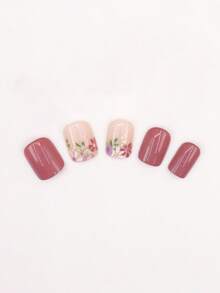 24 piezas de uñas postizas elegantes, desmontables, cuadradas, redondas y con forma de almendra, con hermoso diseño de flores para lucir suave y a la moda. Actualice su aspecto diario. - Rosa Roja - Ver 4