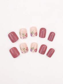 24 piezas de uñas postizas elegantes, desmontables, cuadradas, redondas y con forma de almendra, con hermoso diseño de flores para lucir suave y a la moda. Actualice su aspecto diario. - Rosa Roja - Ver 5