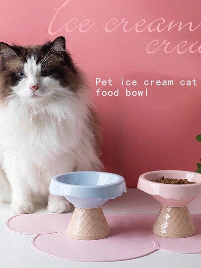 shuo ni mao yi 1pc Cute Ceramic Pet Feeding Bowl With Elevated Neck Guard, Easy To Clean And Anti-Spill, Blue, Suitable For Feeding Cat Or Dog Food