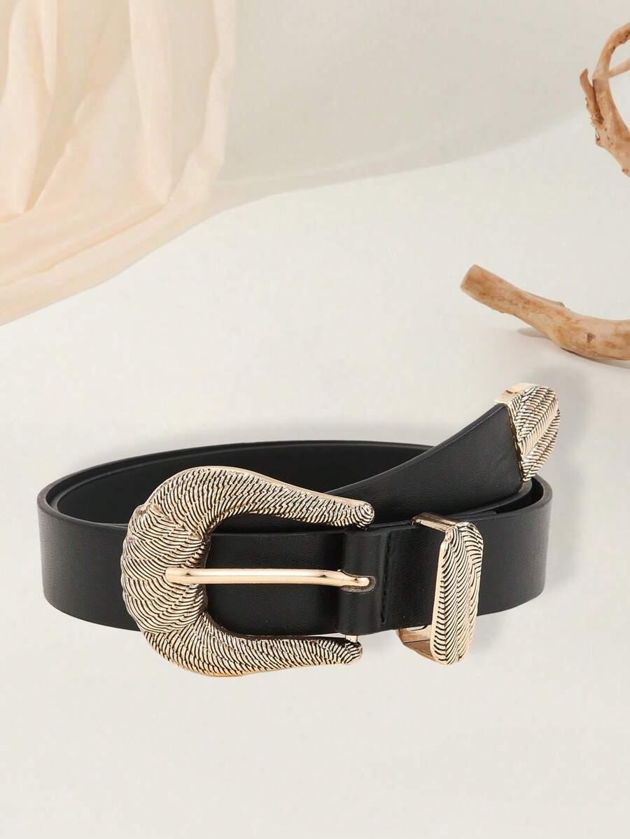 1pc Women's Vintage Western Style Buckle PU Leather Handmade Luxury Slim Waist Belt, Suitable For Jeans, Suits, Daily Commute, Office, Holidays, Gift, - Black - View 1