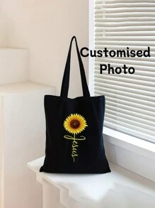 1pc Personalized Custom Canvas Bag - Unique Foldable Tote Bag Or Shoulder Bag For Casual Shopping With Photo, Scenery Or Illustration Print Design, Large Capacity, Lightweight And Fashionable Letter Portable, Multifunction, Versatile Shoulder Tote Bag Ideal Gifts For Her Girlfriend, Family, Friends, Women, Rookies & White-Collar Workers For Birthdays - Black - View 1