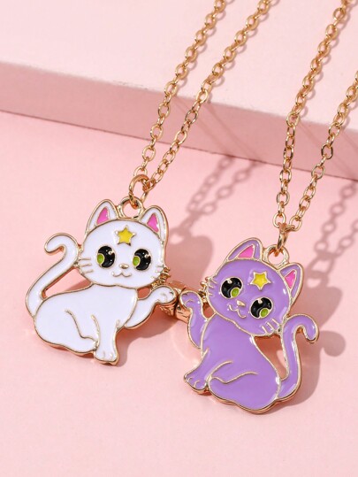 2pcs/Set Cartoon Cute Cat Pendant Best Friends Necklace For Girls, Kids