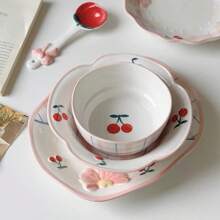 1 件可爱的樱桃色釉下彩陶瓷餐具，包括汤匙、碗、甜点盘。适合家庭、餐厅和日常使用。学校用品，返校 - 彩色 - 查看 10