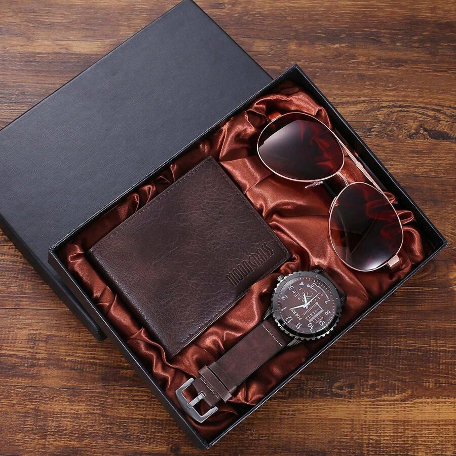 3pcs/Set Men's Quartz Watch With Sector Dial (Wallet + Watch + Sunglasses) Father's Day Gift Ideas - Brown - View 1