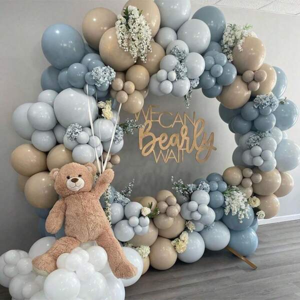 127pcs Blue Balloon Arch Kit With Gray-Light Blue Balloon Garland And Brown Balloons, Suitable For Shower, Gender Reveal Party, Birthday Party, And Bear Theme Party Decorations, Christmas