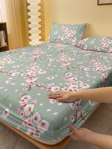 1入組簡約現代花卉圖案印花刷毛床單，櫻花設計，臥室裝飾，寢具（不含枕套） - 彩色 - 查看 1